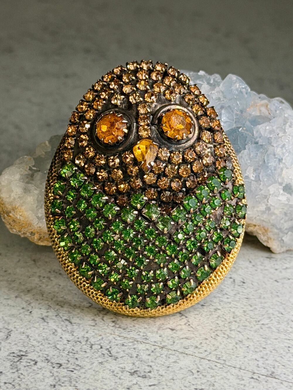 Vintage Hobe Crystal Rhinestone Owl Brooch Pendant Pin